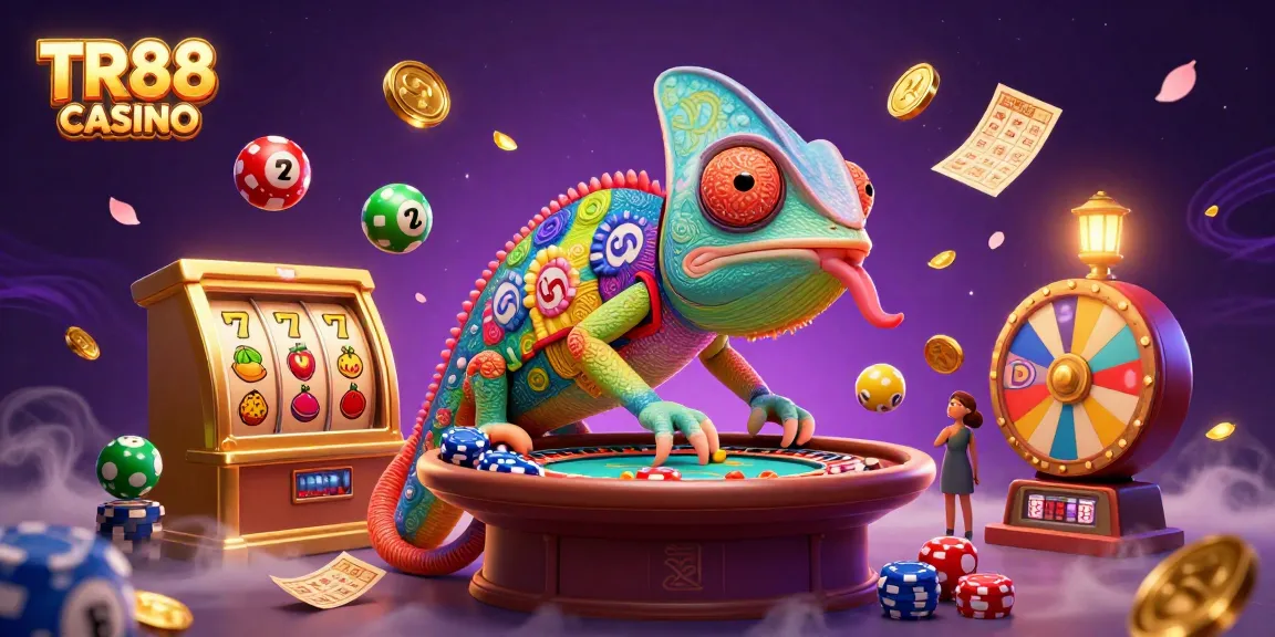 Experience thrilling wins at TR88 CASINO with a vivid 3D illustration showcasing dynamic games and vibrant elements.