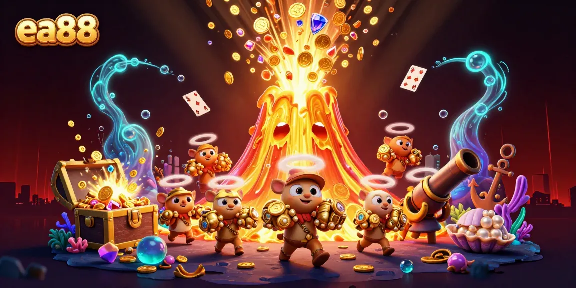 Win big at ea88 with a golden volcano erupting treasures while explorer animals gather prizes.