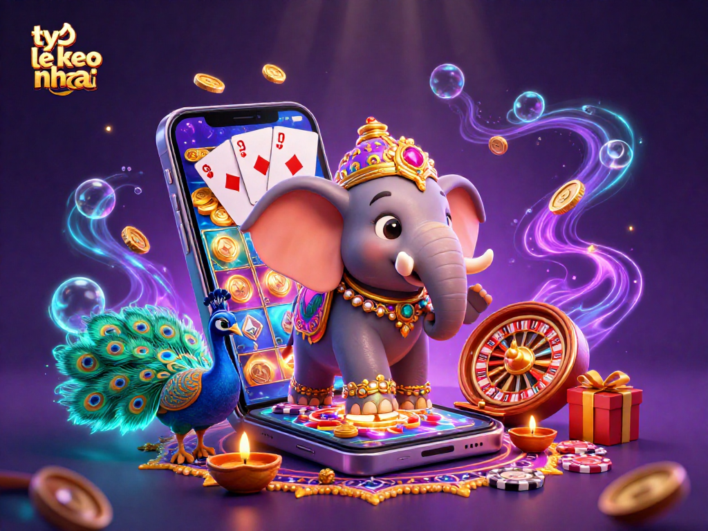 Bet on vibrant ty le keo nha cai with an elephant and peacock amidst dazzling casino elements.