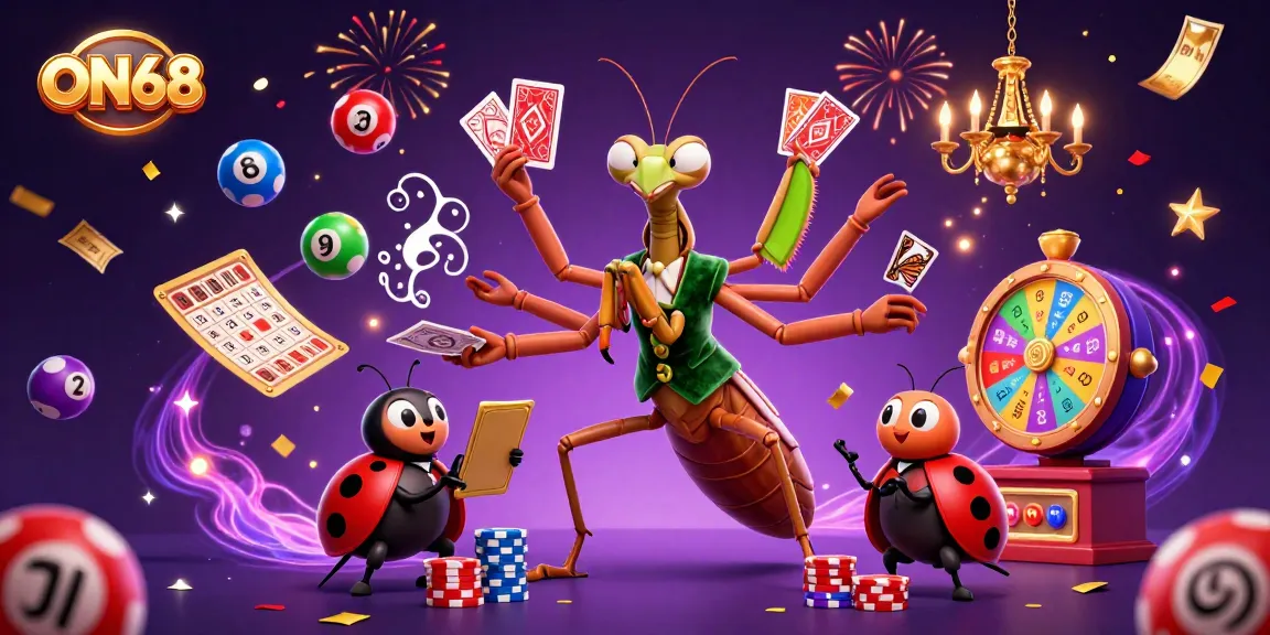 Catch the excitement with ON68 as a giant praying mantis dealer and ladybug pit boss create a festive casino scene.