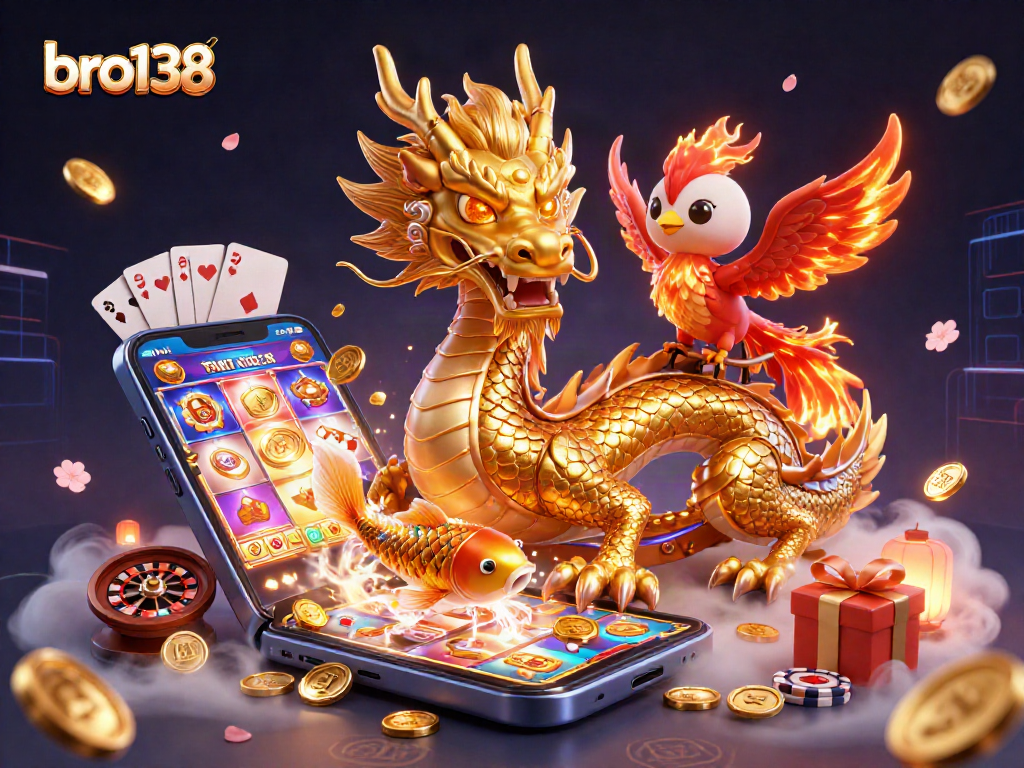 Engage with bro138's thrilling casino scene featuring a golden dragon, colorful casino games, and dynamic elements.
