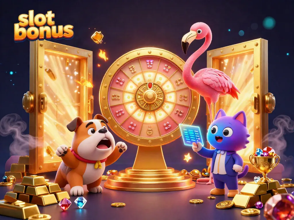 Spin the slot bonus wheel with vibrant casino characters and sparkling treasures