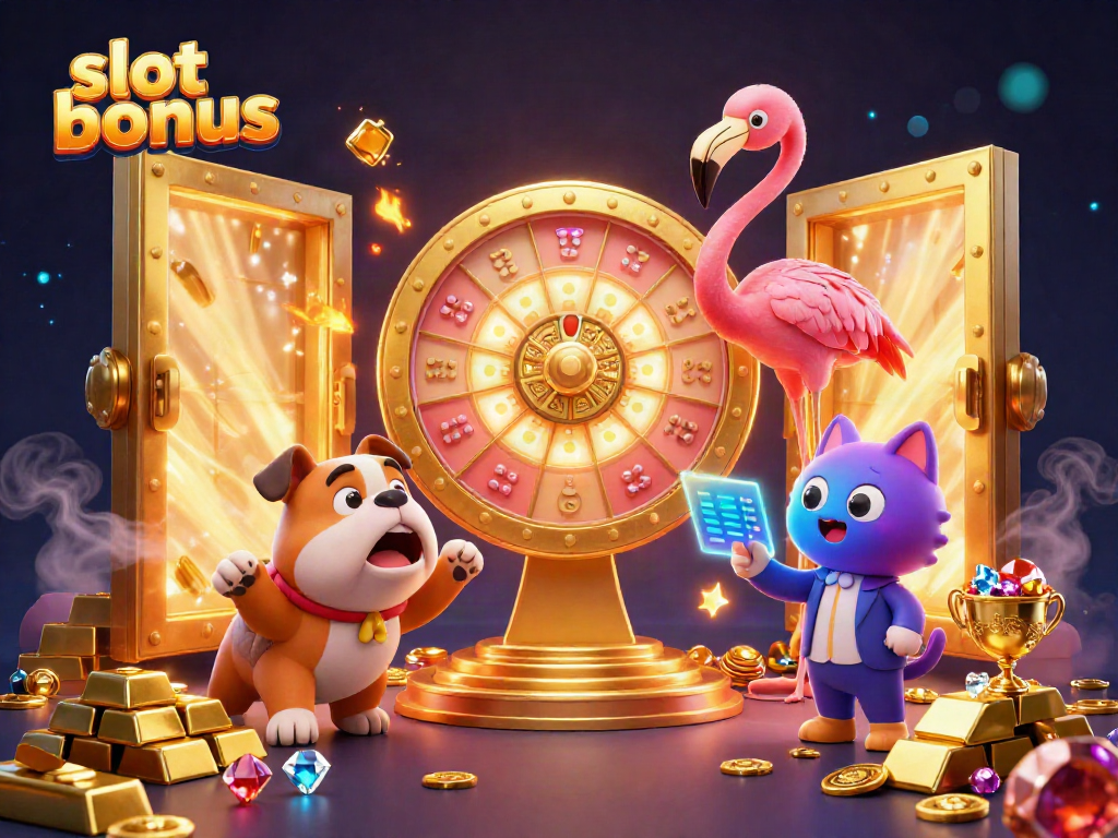 Spin the slot bonus wheel with vibrant casino characters and sparkling treasures