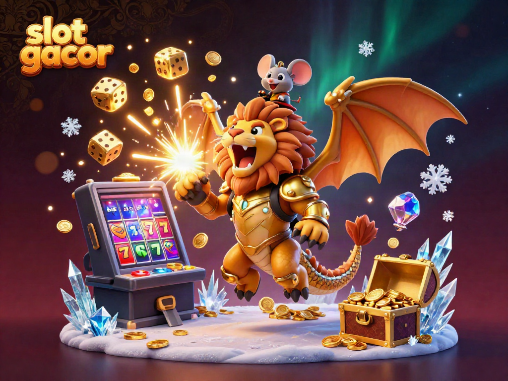 Slot gacor muncul dalam ilustrasi 3D dengan chimera dan mesin slot yang meledak harta karun.