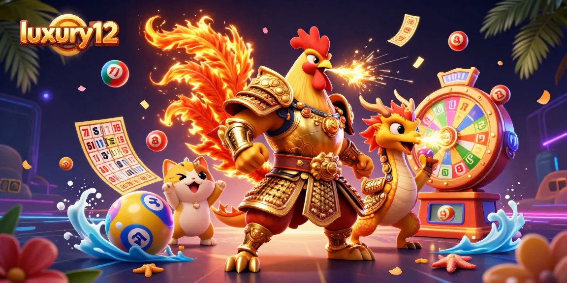 Experience the excitement of luxury12 with a dynamic casino scene featuring a fighting rooster and dragon hatchling.