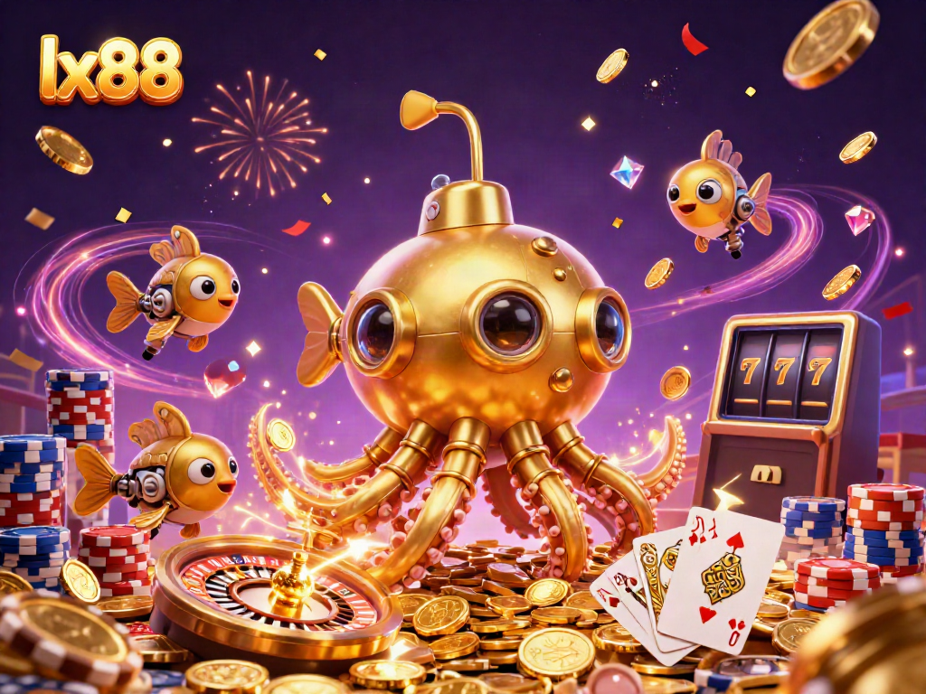 Experience the vibrant excitement at lx88 with colossal gaming elements and a stunning kraken submarine.
