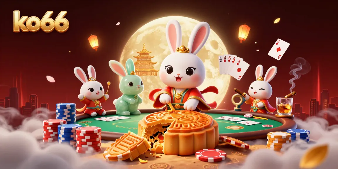 Play exciting games at ko66 featuring a moon rabbit cracking open mooncakes to reveal poker chips.
