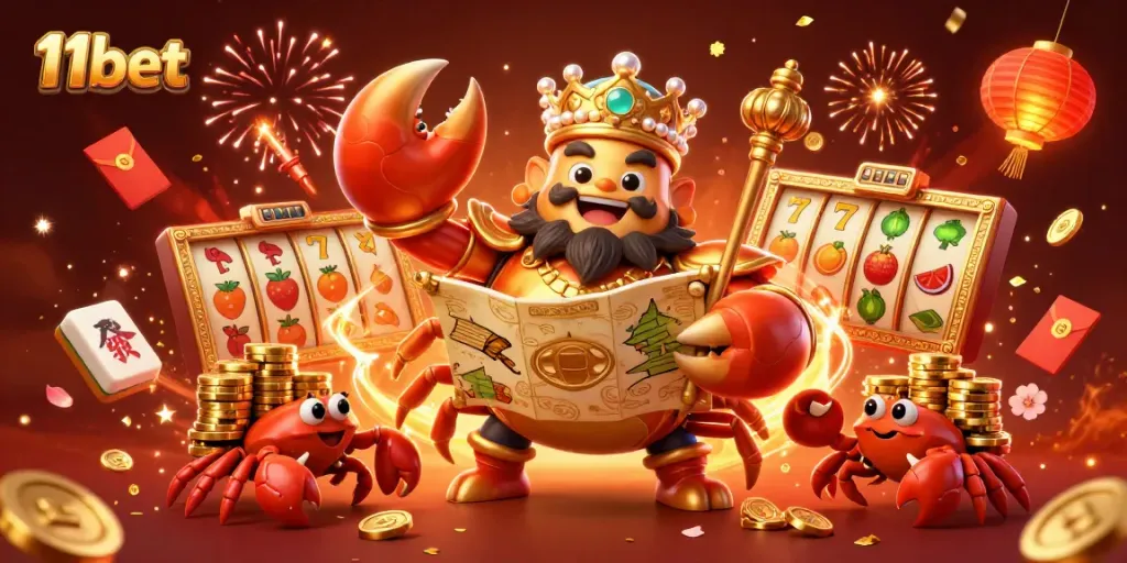 Experience thrilling gameplay with 11bet's vibrant online casino featuring a golden crab emperor amidst rich gaming elements.