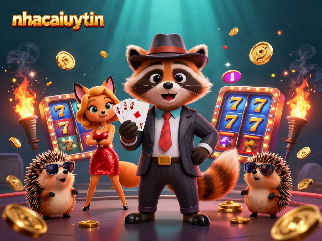 nhacaiuytin enhances gaming excitement with a raccoon, fox, and hedgehog enjoying jackpot slots.