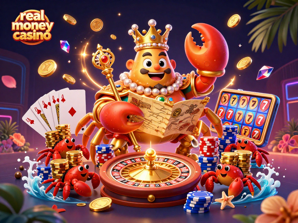 Experience the thrill of a real money casino with a golden crab emperor amidst treasure and vibrant gaming elements.