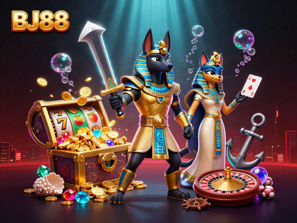 Bet big with BJ88 in a vibrant 3D casino scene filled with luck and excitement.