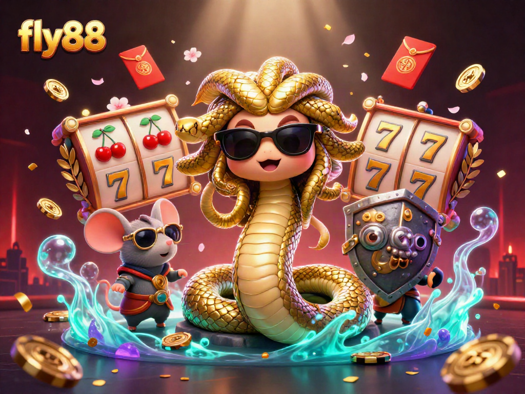 Experience the excitement of fly88 casino with Medusa and a warrior mouse in this vibrant scene.