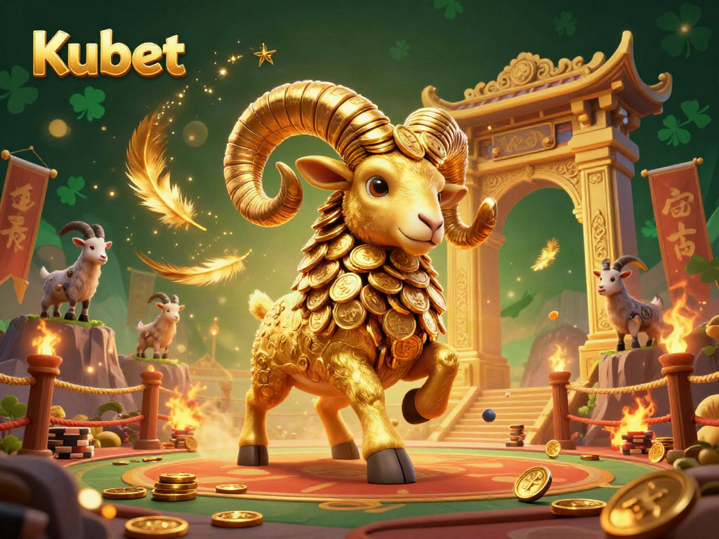 Kubet's engaging golden ram gambles through a vibrant casino scene, celebrating winning energy.