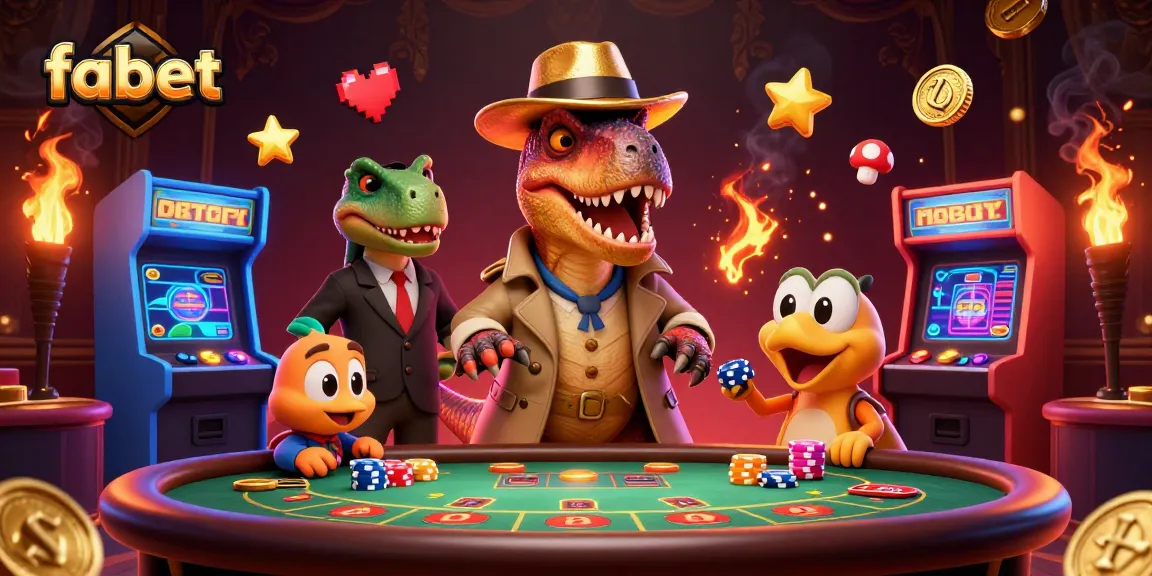 Fabet features a clever velociraptor card counter amidst vibrant casino action, showcasing gaming excitement.