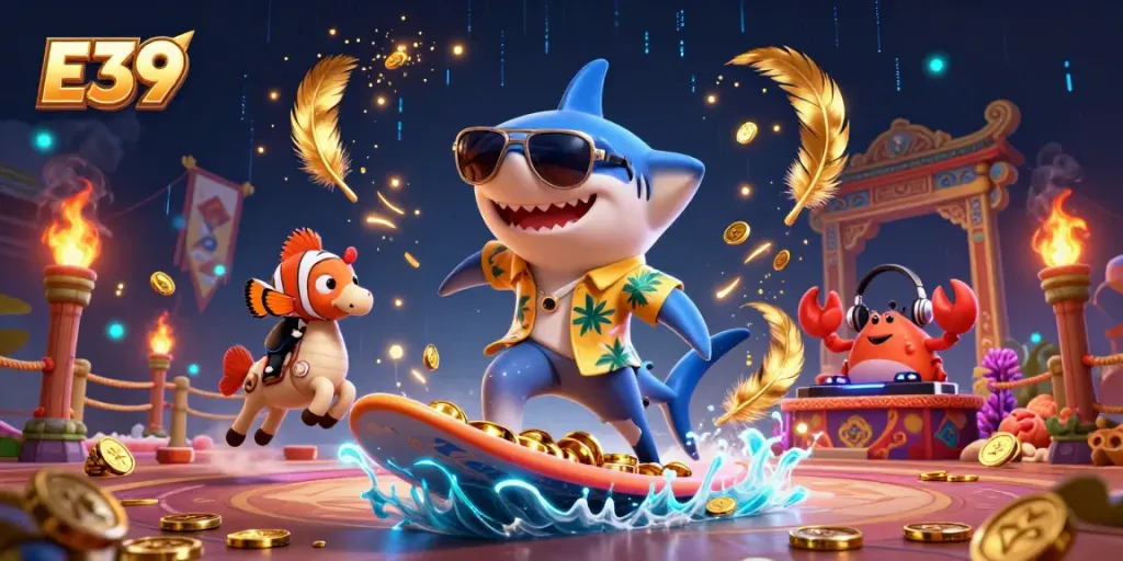 E39 online gaming scene featuring a shark, clownfish, and DJ surrounded by casino elements