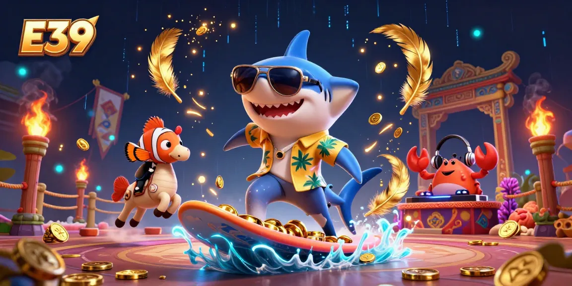 E39 online gaming scene featuring a shark, clownfish, and DJ surrounded by casino elements