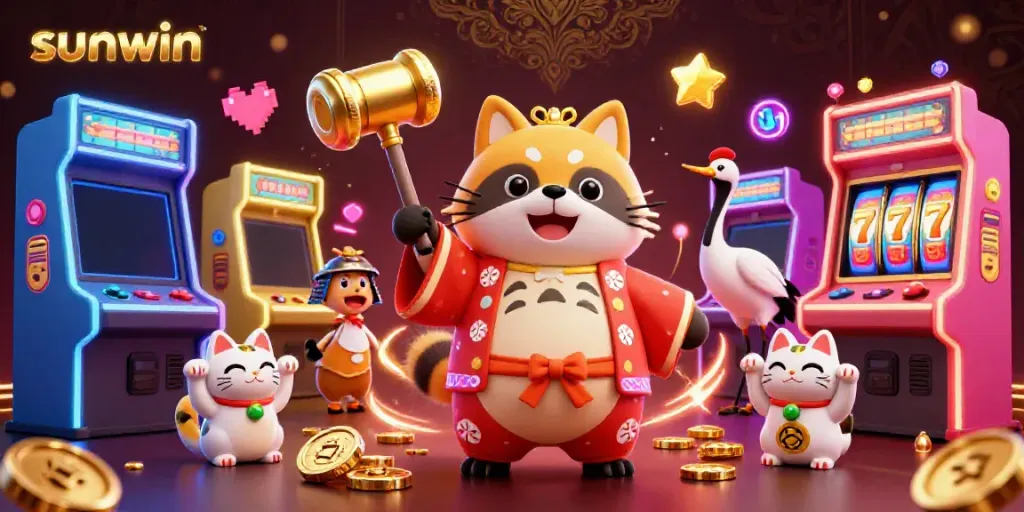 Experience the excitement of sunwin with a joyful tanuki in a dynamic casino-themed scene.