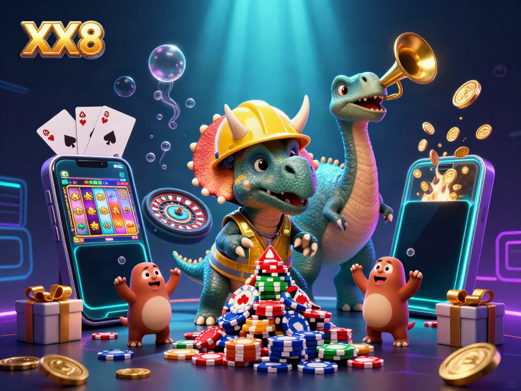 Experience the excitement at XX8 with vibrant casino characters celebrating jackpots and gaming action.