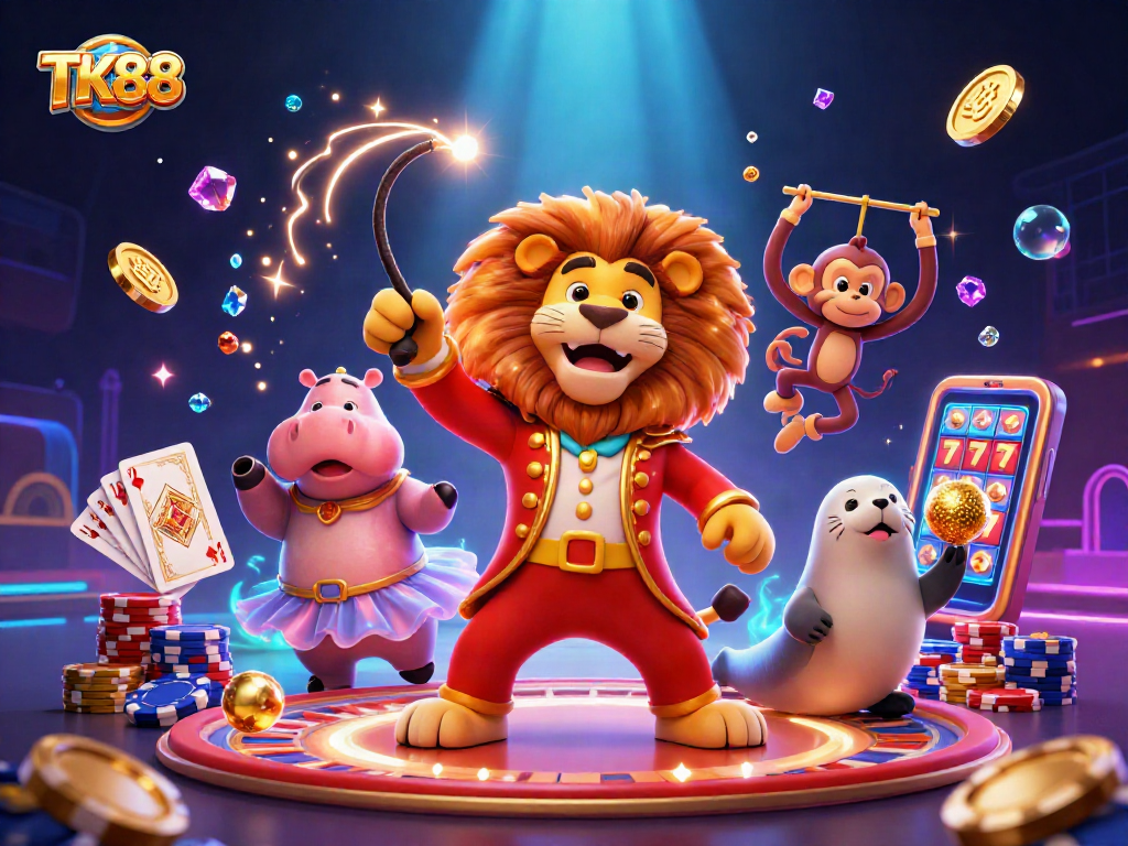 Engage with TK88's vibrant casino scene featuring a lively circus ensemble and dynamic gambling elements.