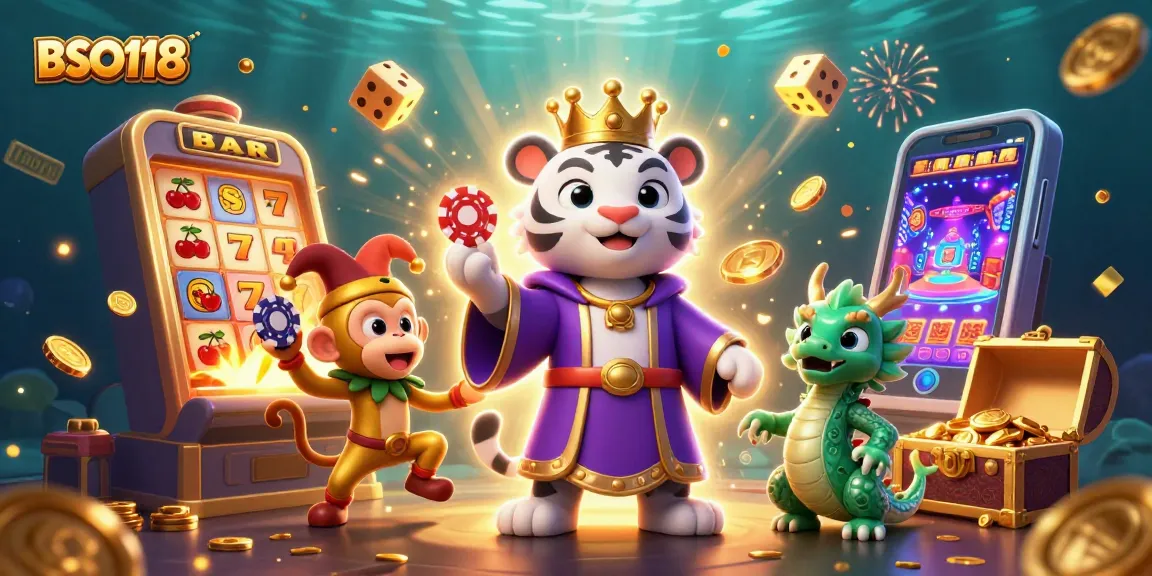 Experience thrilling wins at BSO118 with an illustrated casino scene featuring vibrant characters and games.