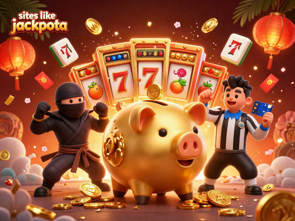 Engage with sites like jackpota, showcasing a colorful scene of characters and vibrant casino elements.