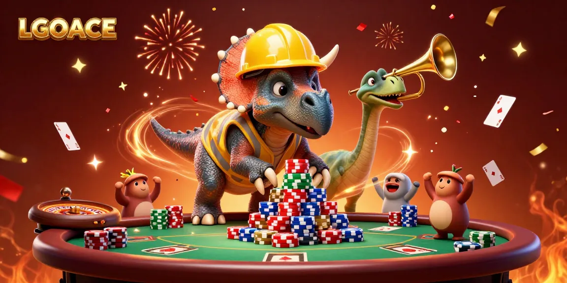 LGOACE creates excitement with cartoon dinosaurs celebrating a poker game amid festival elements.