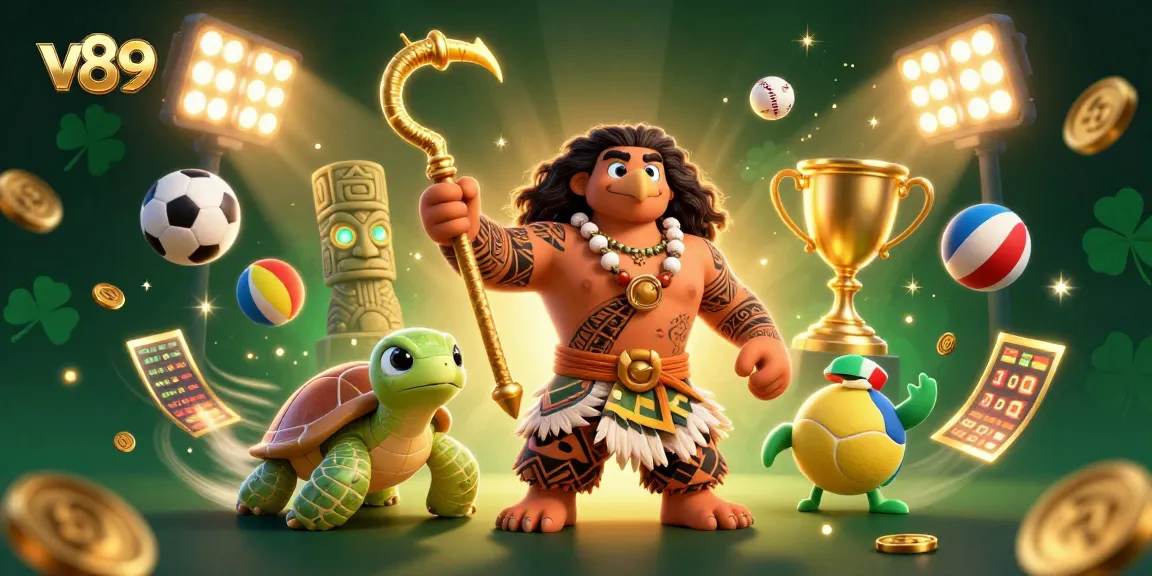 Ilustrasi 3D v89 yang menampilkan dewa Maui dan kura-kura lucu dalam suasana bertema perjudian.