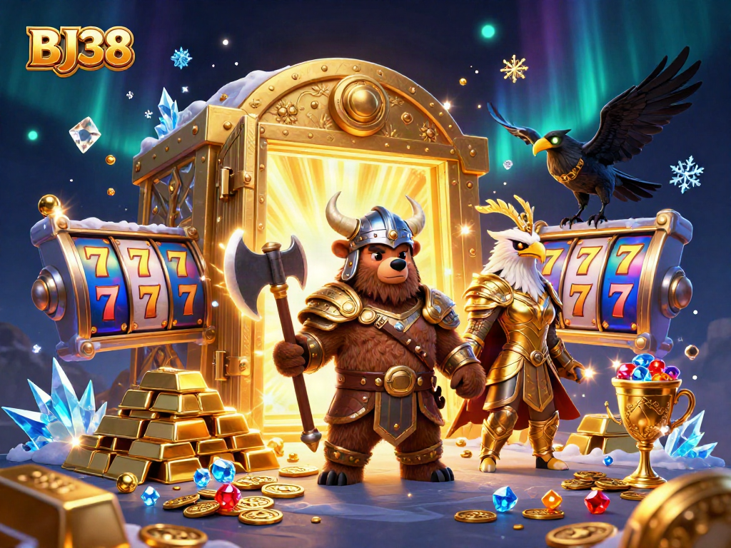 Engage with BJ38 casino adventure, featuring Viking bear and Valkyrie eagle amidst thrilling slots.