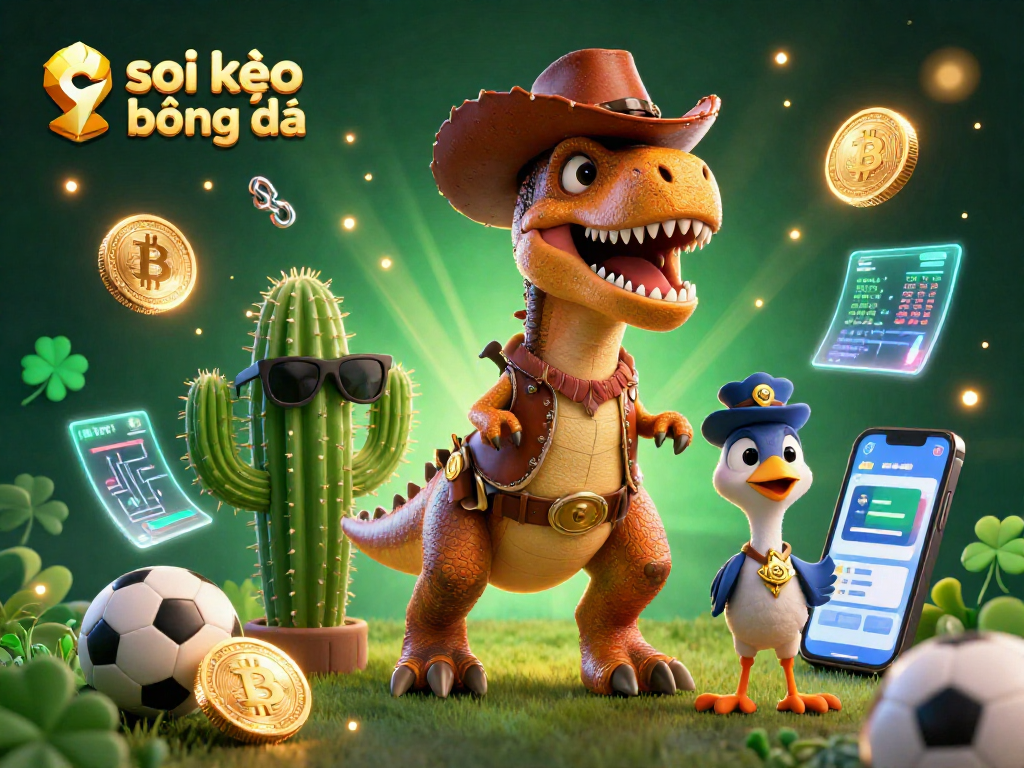 Soi kèo bóng đá betting scene featuring a T-Rex cowboy, cactus sidekick, and roadrunner in a vibrant sports-themed illustration.