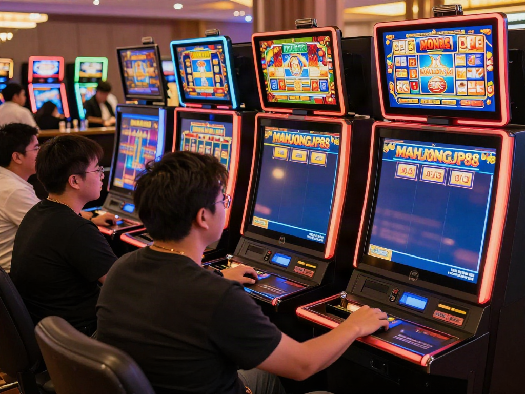 Players enjoying Slot MAHJONGJP88 games in a lively casino atmosphere.