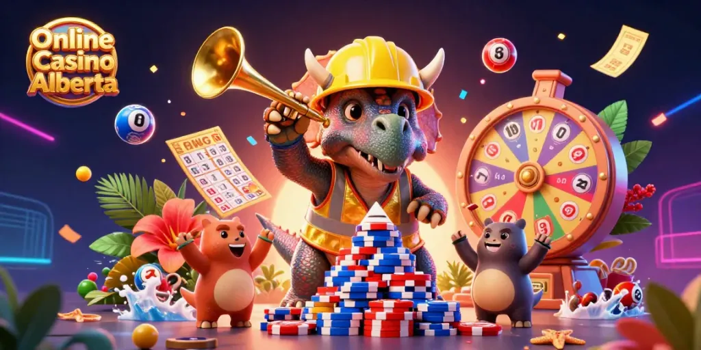 Engage with exciting Online Casino Alberta themed 3D illustration of a triceratops and a parasaurolophus celebrating over poker chips.