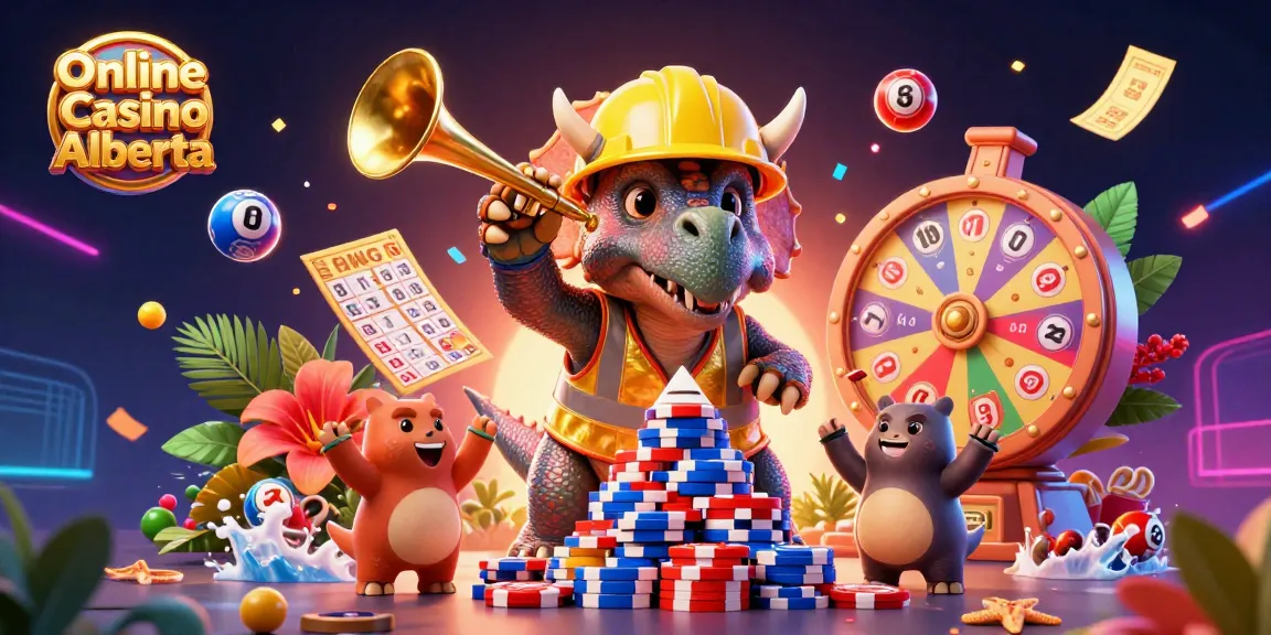 Engage with exciting Online Casino Alberta themed 3D illustration of a triceratops and a parasaurolophus celebrating over poker chips.
