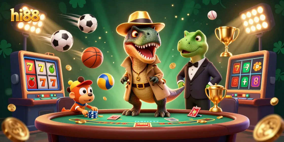 hi88 showcases an animated velociraptor at a blackjack table amidst a vibrant casino environment.