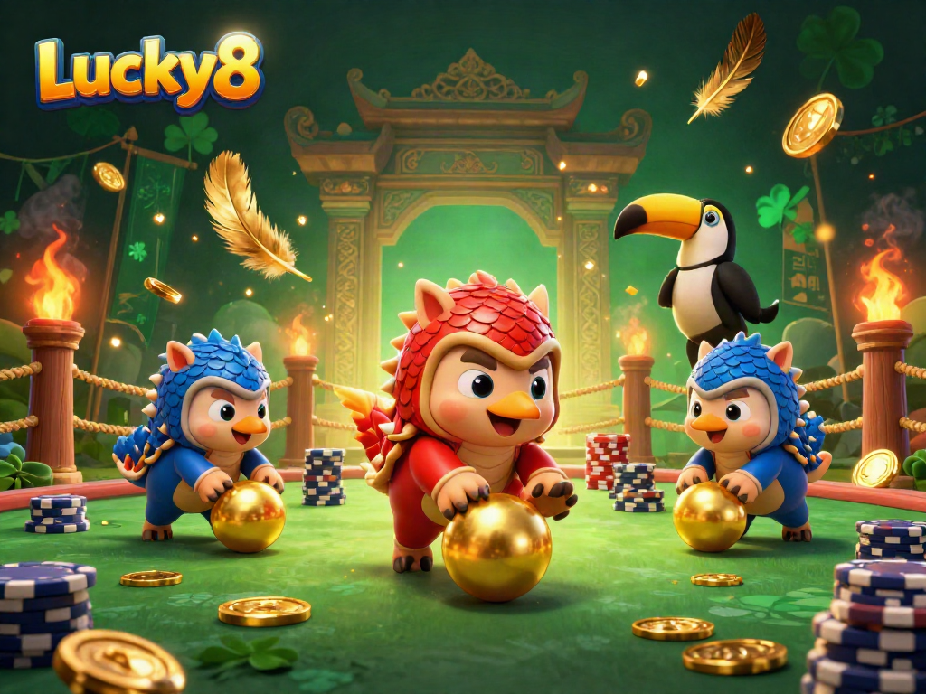 Experience thrilling Lucky8 action as colorful pangolins battle in a vibrant casino arena filled with chips.