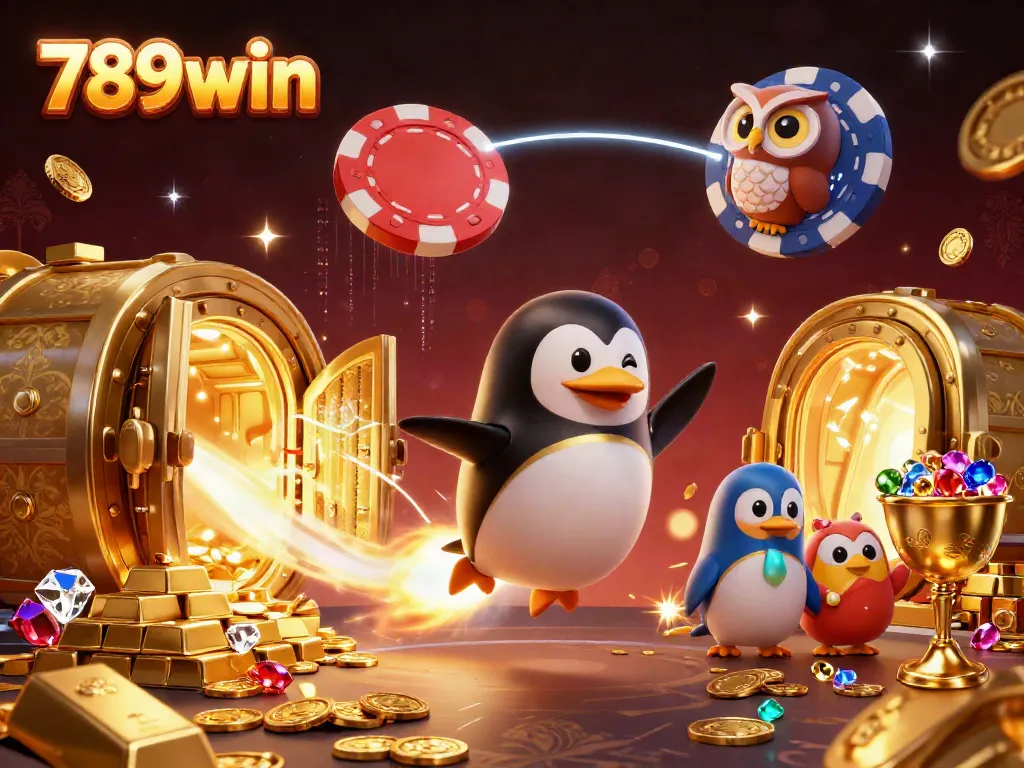 Experience the excitement of 789win with a golden penguin, treasures, and casino elements in space.