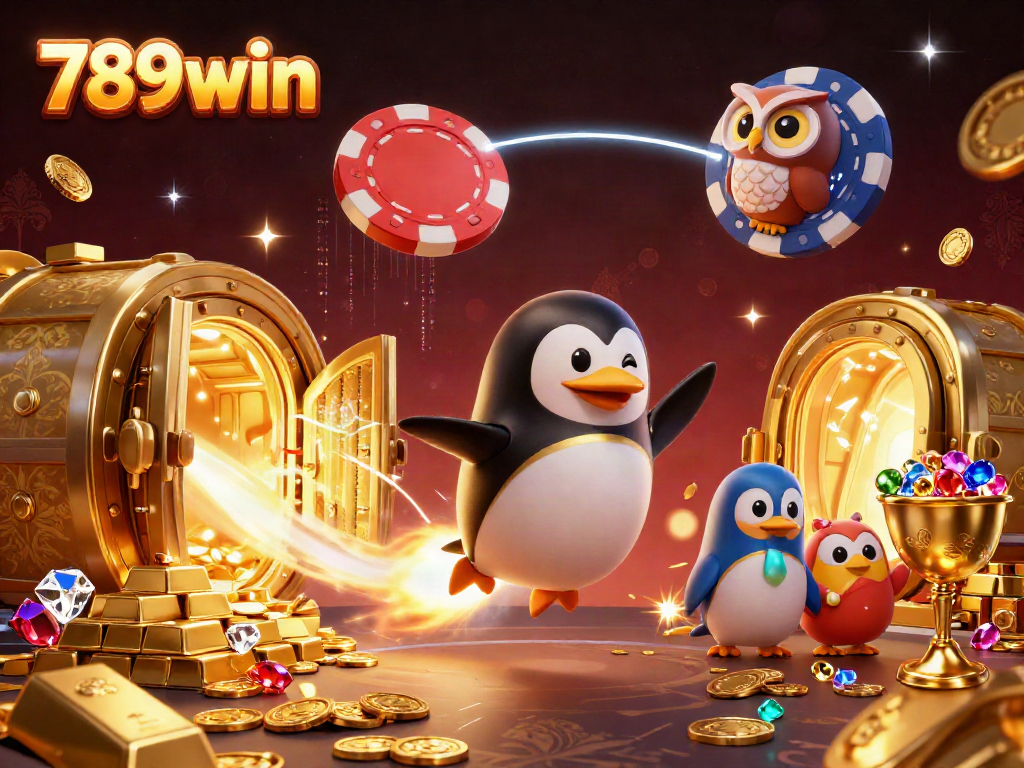 Experience the excitement of 789win with a golden penguin, treasures, and casino elements in space.
