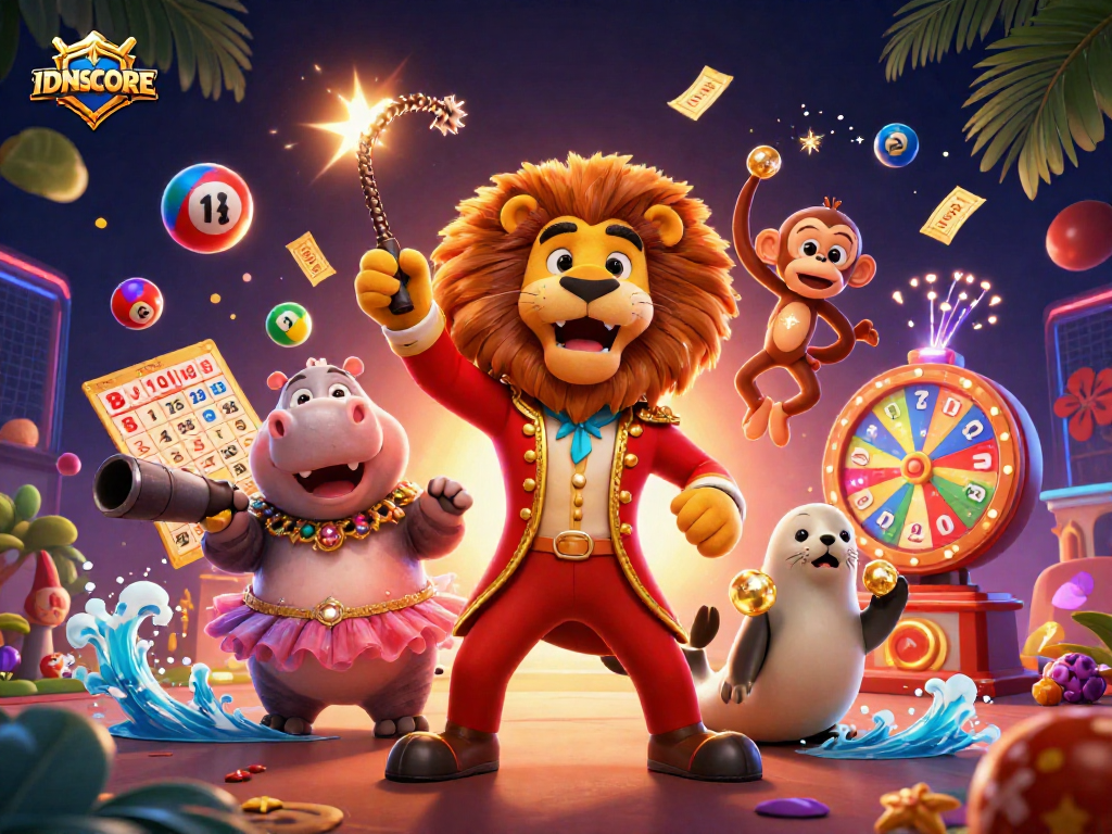 Engage with IDNSCORE's exciting lottery scene featuring animated characters amidst colorful game elements.