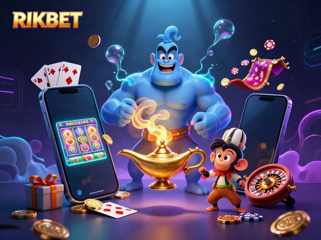 Experience RIKBET with a vibrant, 3D scene of magical gaming elements and characters in action.