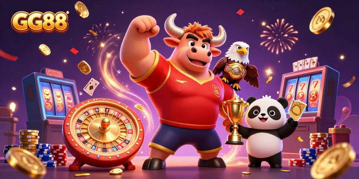Celebrate wins with GG88's vibrant 3D casino scene featuring characters and gaming elements.