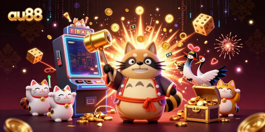 Experience the joy of gaming at au88 with a cheerful tanuki and fortune cats amidst vibrant casino elements.