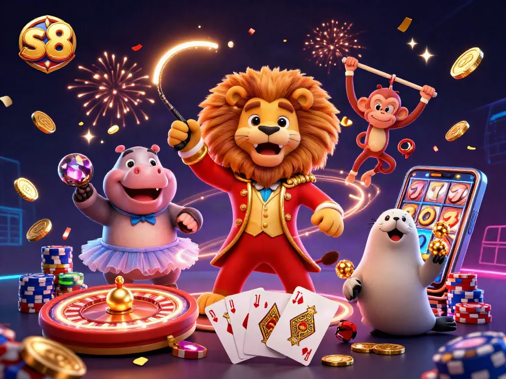 Experience the excitement at s8 with a vibrant circus-themed casino illustration showcasing games and entertainment.