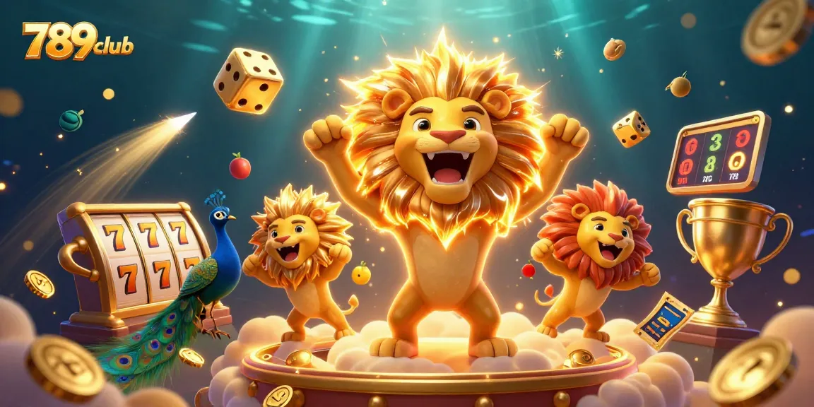 Tham gia 789club với biểu tượng sư tử mặt trời trong khung cảnh casino đầy màu sắc