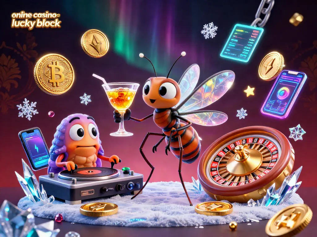 Experience exciting gameplay at online casinos like lucky block with vibrant crypto elements, cocktails, and lively characters.