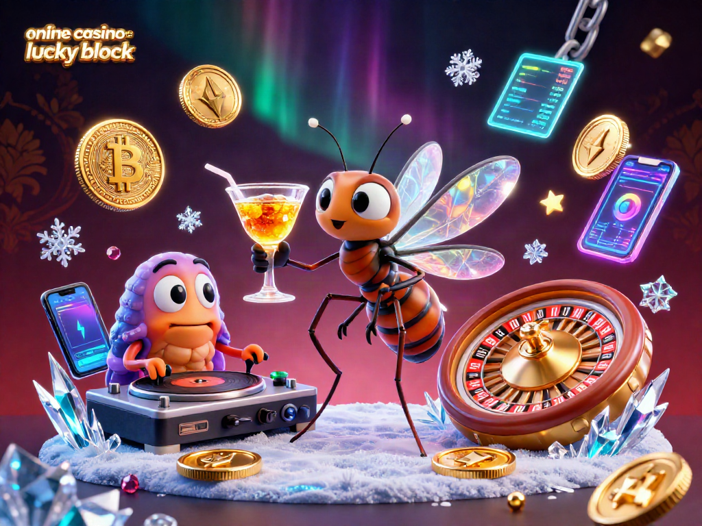 Experience exciting gameplay at online casinos like lucky block with vibrant crypto elements, cocktails, and lively characters.