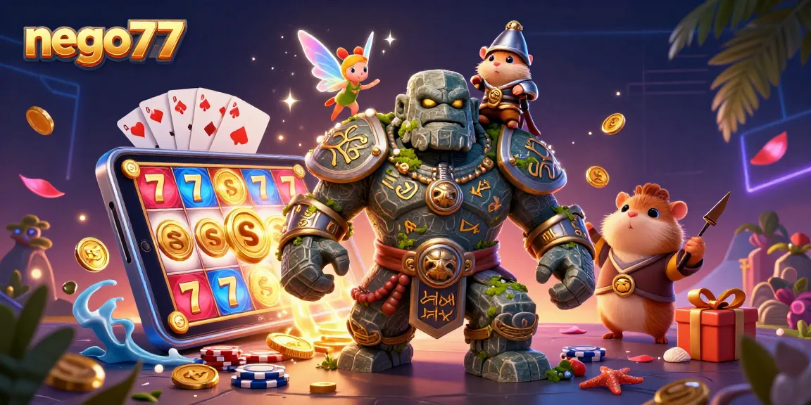 Spin the reels with nego77 for thrilling slot adventures amidst enchanted characters and festive casino elements.