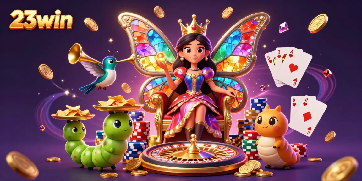 Experience thrilling gameplay with 23win's vibrant and colorful digital illustration of casino elements.
