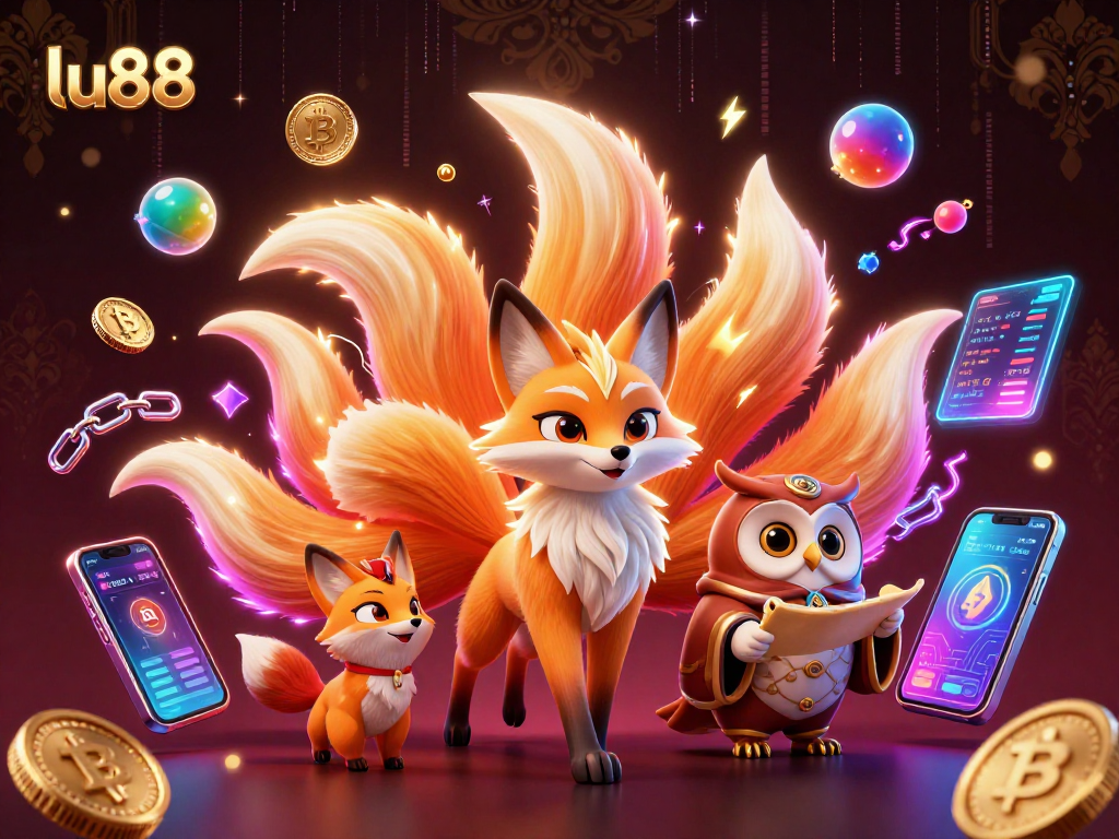 Play at lu88 with a vibrant 3D illustration of a mystical fox and sage surrounded by cryptocurrencies.