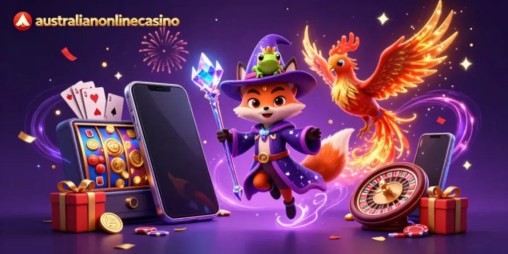 Engaging scene at australianonlinecasino with a wizard fox and phoenix, showcasing vibrant casino elements.