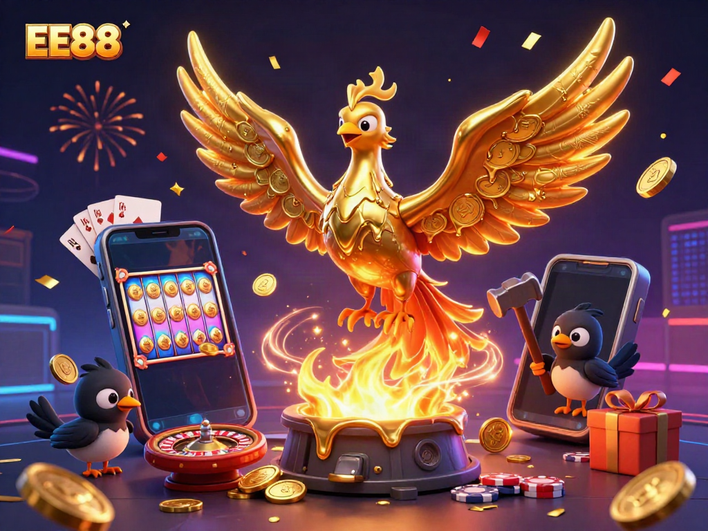 Engage with EE88's vibrant casino world featuring golden phoenix and dynamic game elements.