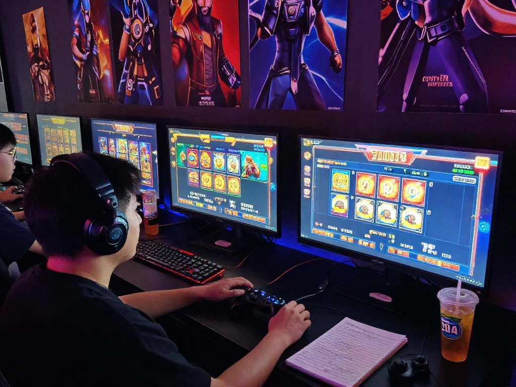 Pengalaman permainan slot7000 yang mendebarkan dengan pemain terlibat di lantai gaming yang cerah.